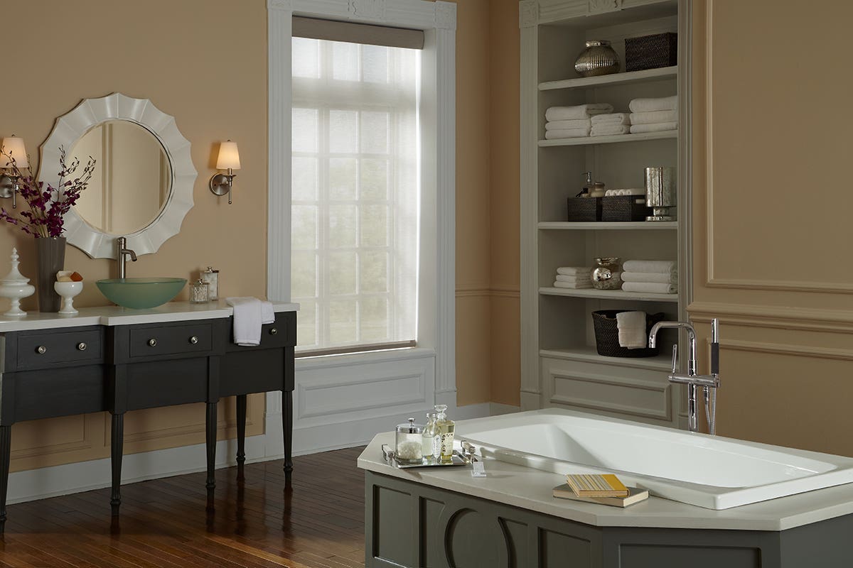 Bright Bathroom with Fully Closed Sheer Roller Shades