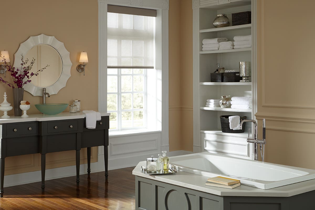 Bright Bathroom with Partially Closed Sheer Roller Shades