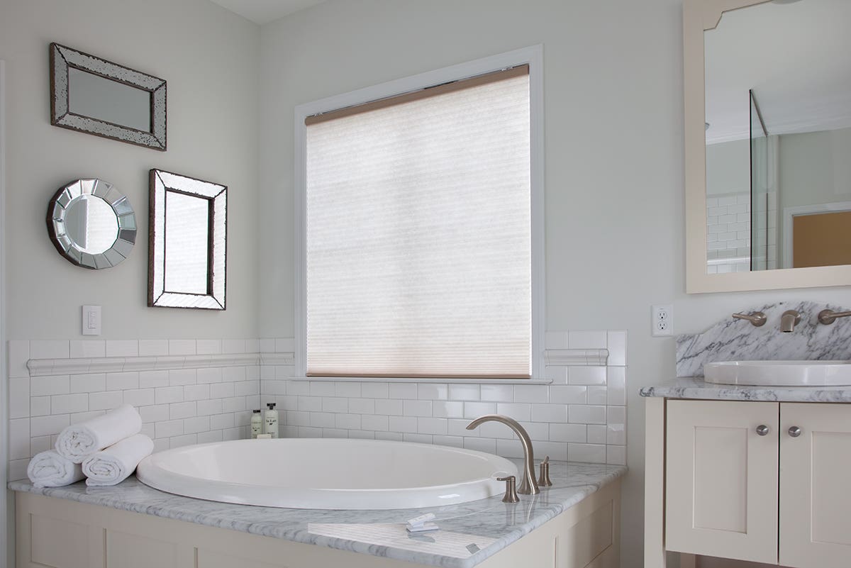 Bright Bathroom with Standard Honeycomb Shades in Cypress Linen