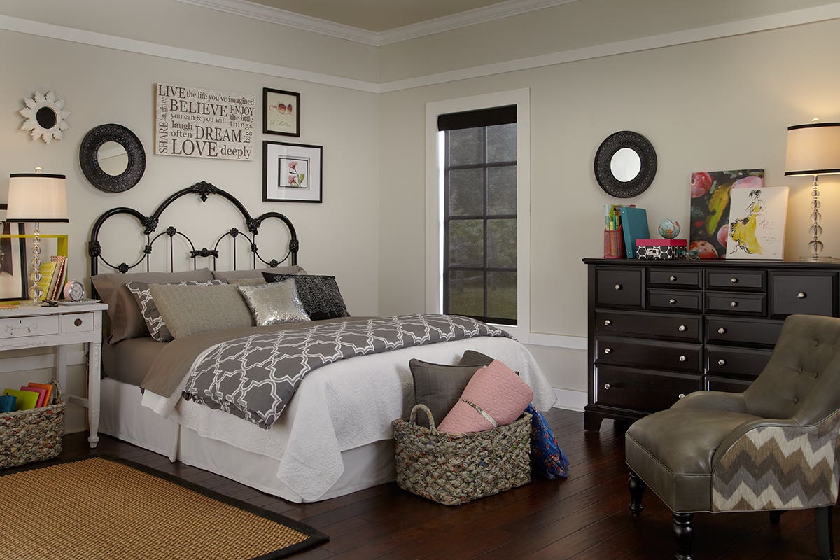 Empty Bedroom with Fully Closed Sheer Roller Shades in Charcoal Color