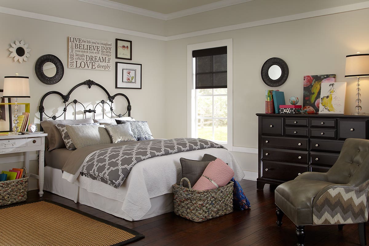 Empty Bedroom with Partially Closed Sheer Roller Shades in Charcoal Color