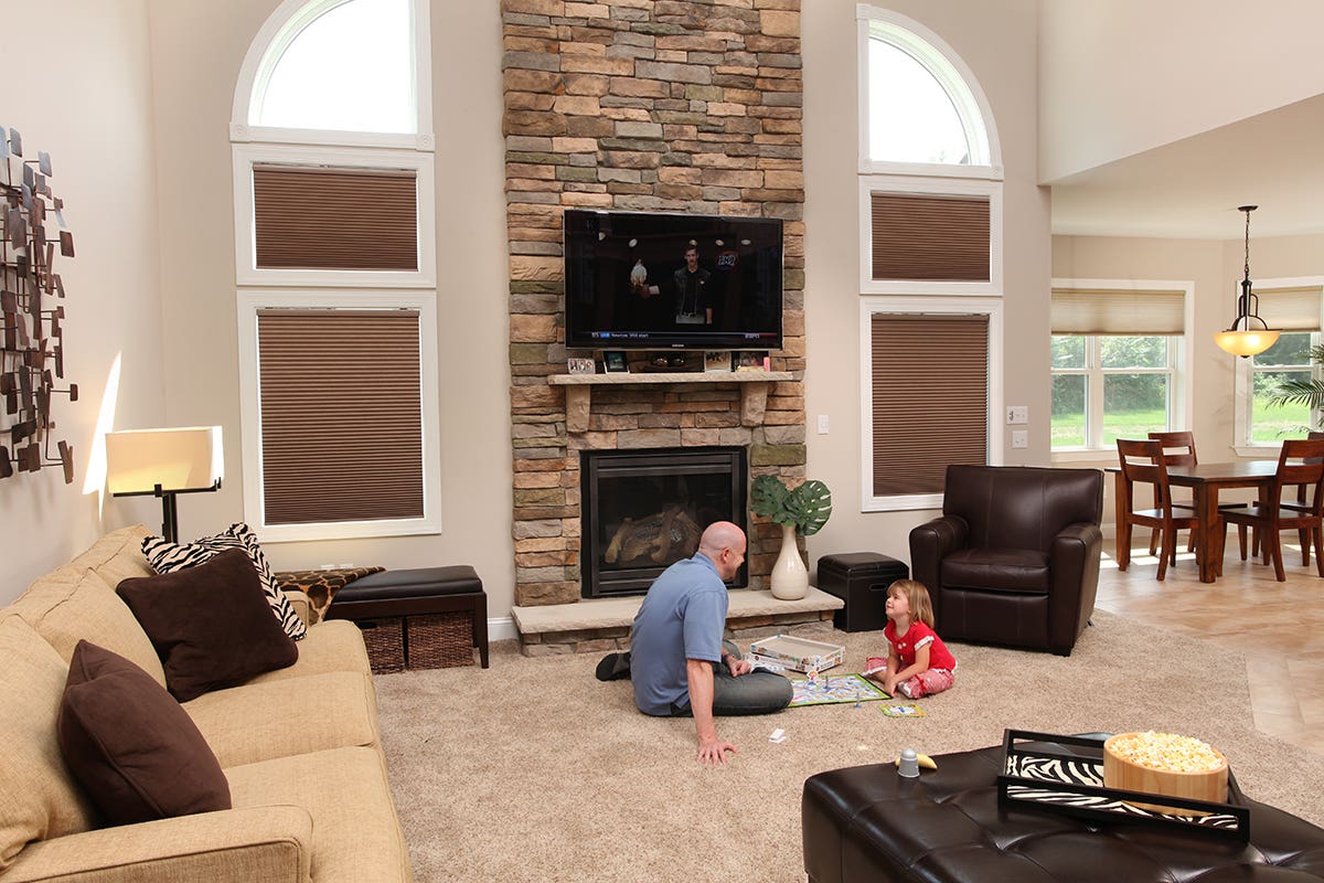 Man and Daughter in Living Room with Fully Closed Room Darkening Honeycomb Shades