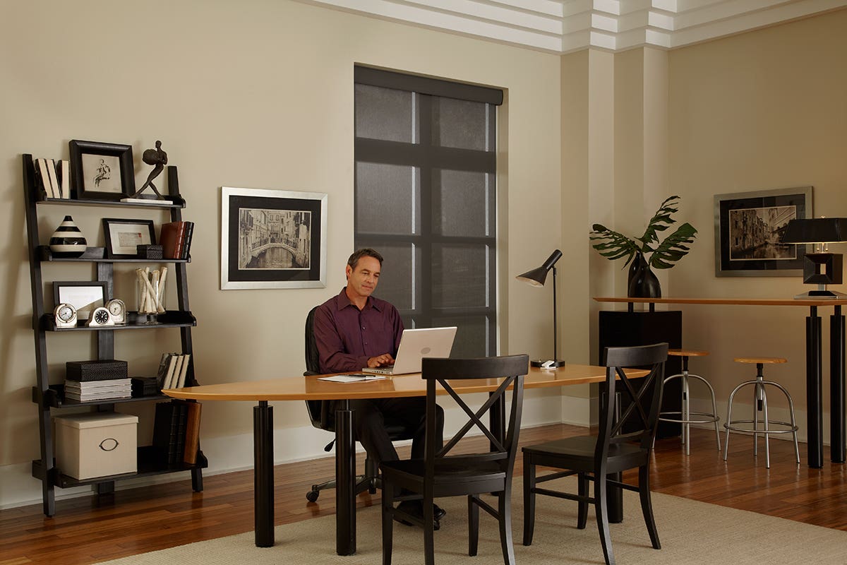 Home Office with Fully Closed Sheer Roller Shades in Charcoal Gray