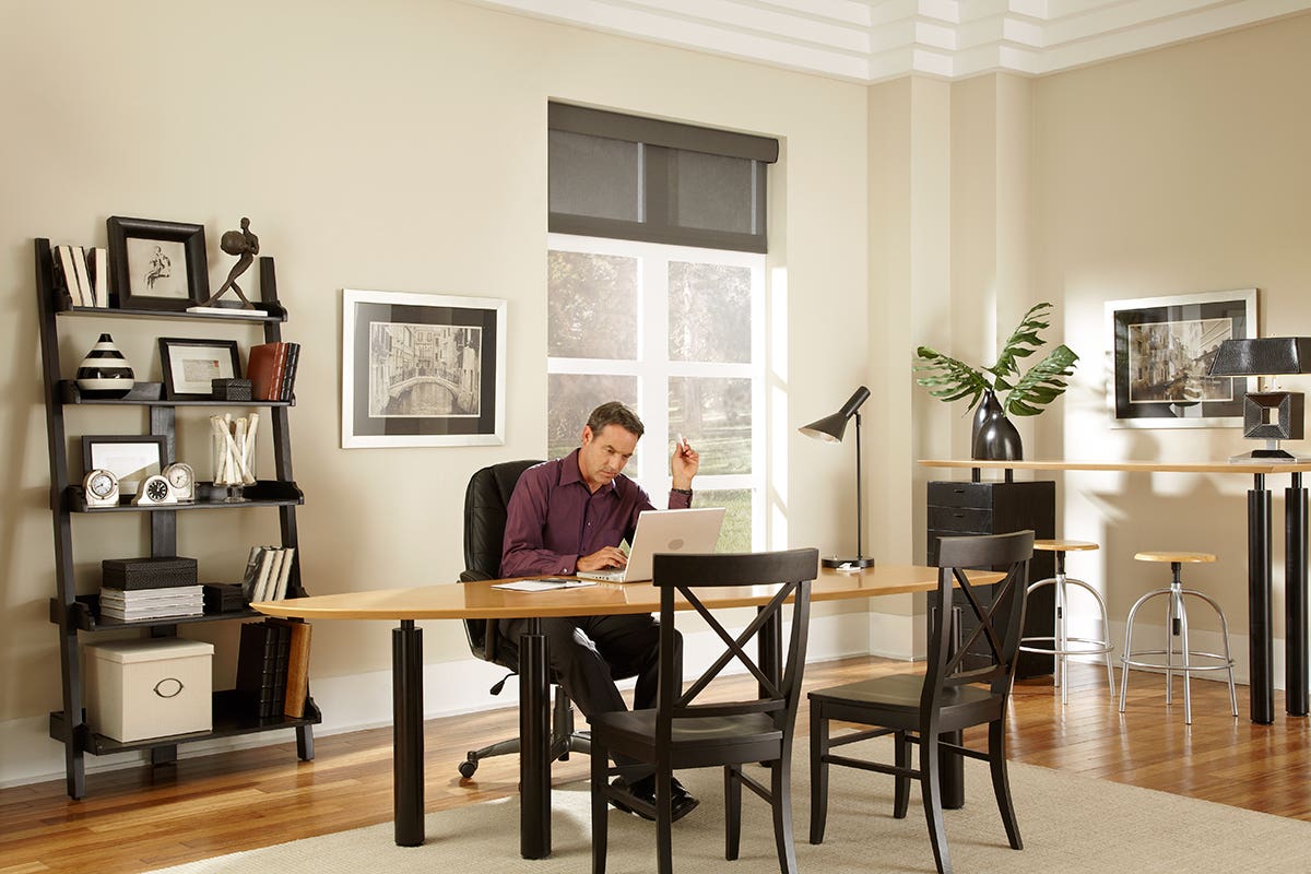 Home Office with Open Sheer Roller Shades in Charcoal Gray