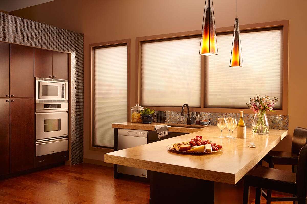 Kitchen With Closed Light-Filtering Single Cell Honeycomb Shades