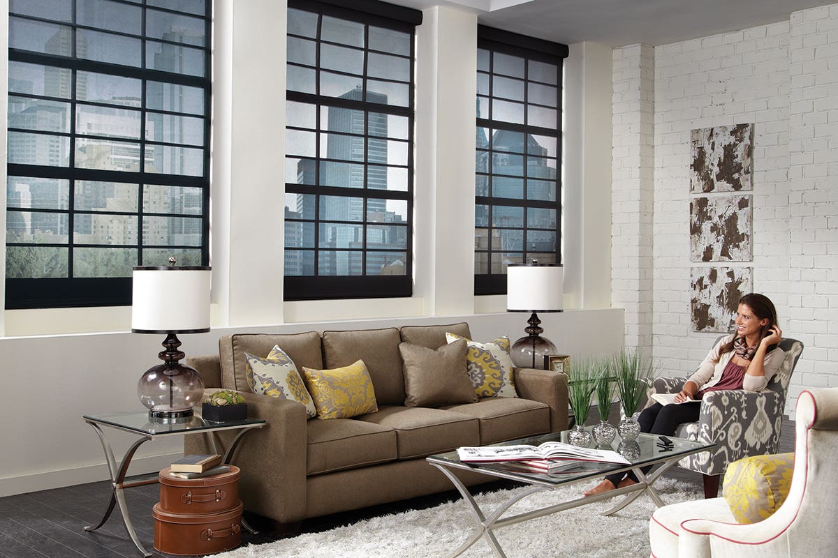 Loft Living Room With Closed Sheer Roller Shades in Charcoal