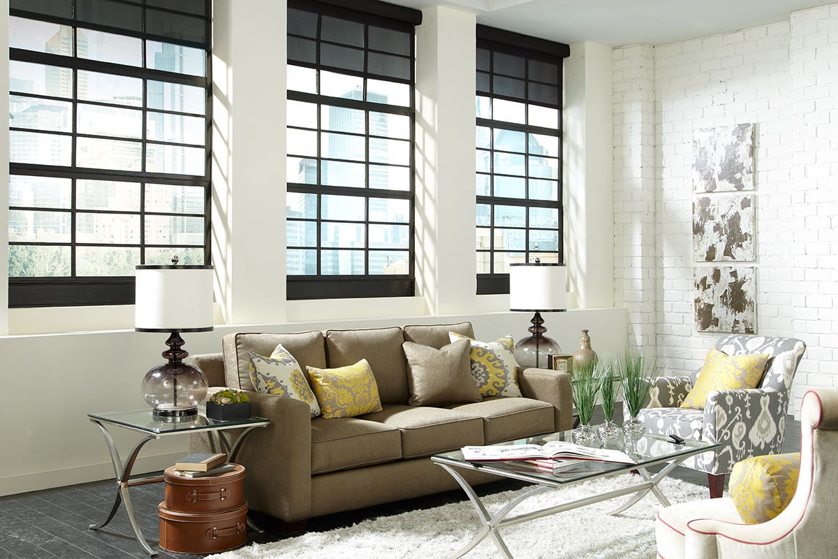 Loft Living Room With Sheer Roller Shades in Charcoal