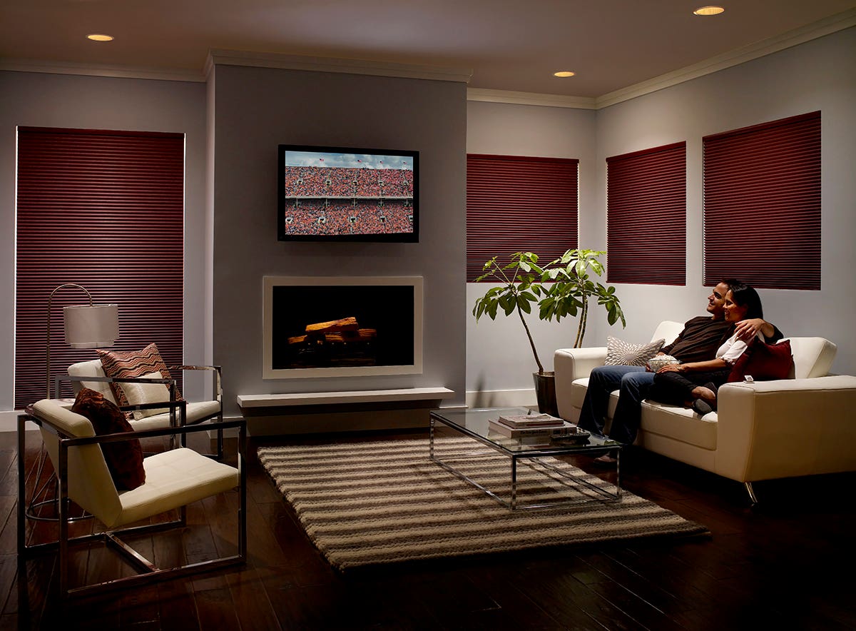 Man and Woman Sitting in Media Room with Clossed Honeycomb Shades