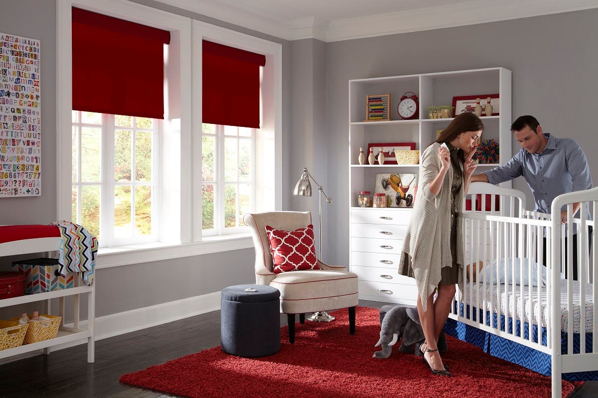 Parents in Nursery with Open Blackout Roller Shades